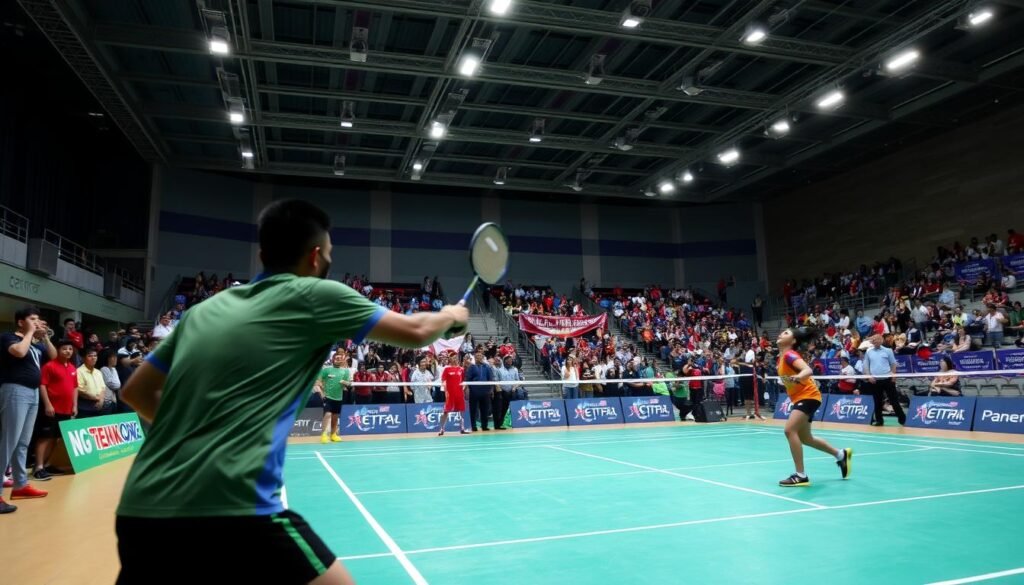 A badminton court in a large indoor stadium, with bright, evenly-distributed lighting illuminating the players on the court. In the foreground, two athletes in colorful uniforms engage in a fierce rally, their rackets a blur as they return the birdie back and forth with lightning speed. In the middle ground, coaches and support staff watch intently from the sidelines, their faces filled with anticipation. The background features the stadium's grandstands, packed with enthusiastic spectators cheering and waving banners to support their favorite teams. The atmosphere is electric, capturing the intensity and drama of a high-stakes badminton match.