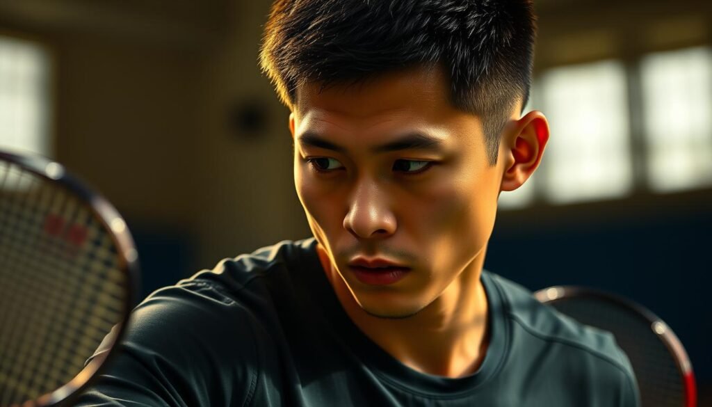 A badminton player strategizing on the court, their brow furrowed in deep concentration. The lighting is warm and natural, casting a soft glow on their determined expression. The background is slightly blurred, focusing the viewer's attention on the player's calculated movements as they plan their next shot. The composition is dynamic, capturing the player's intense focus and the tension of the game. The overall mood is one of strategic contemplation, reflecting the careful thought and precision required in this fast-paced sport.