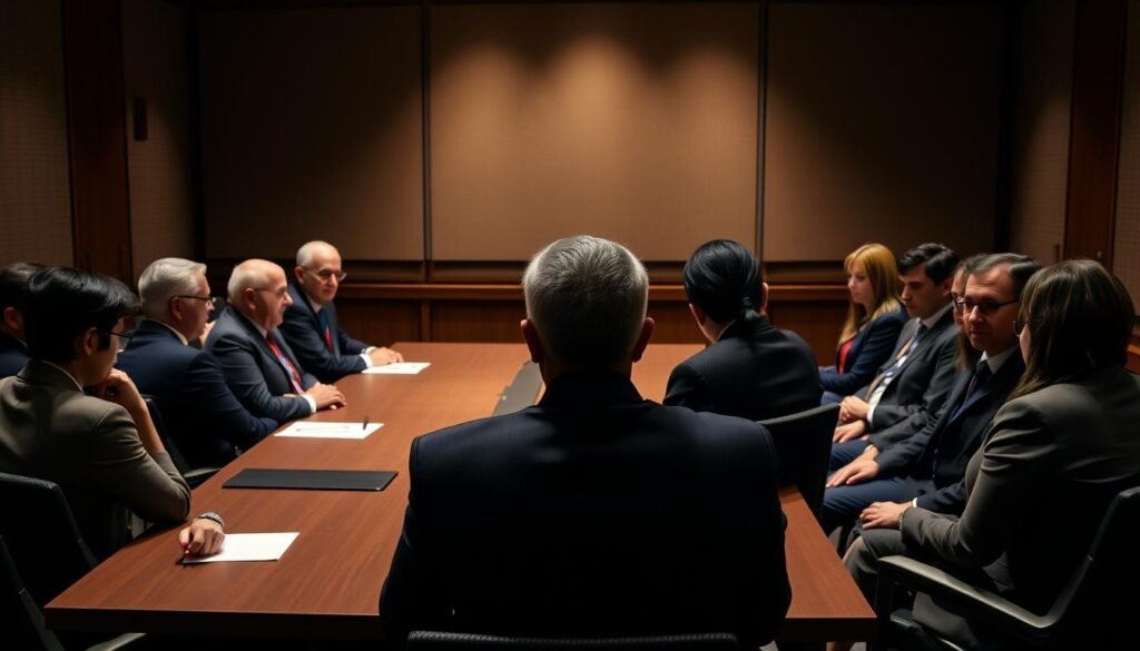 A boardroom setting, with a dignified panel of officials seated at a long table, facing a group of candidates undergoing the fit and proper test for ambassador positions. Soft, directional lighting illuminates the formal proceedings, casting dramatic shadows. The candidates, dressed in professional attire, sit attentively, their expressions conveying a mix of nervousness and determination. The background is slightly blurred, drawing focus to the central interaction. The overall atmosphere is one of seriousness and gravity, befitting the high-stakes nature of the assessment.