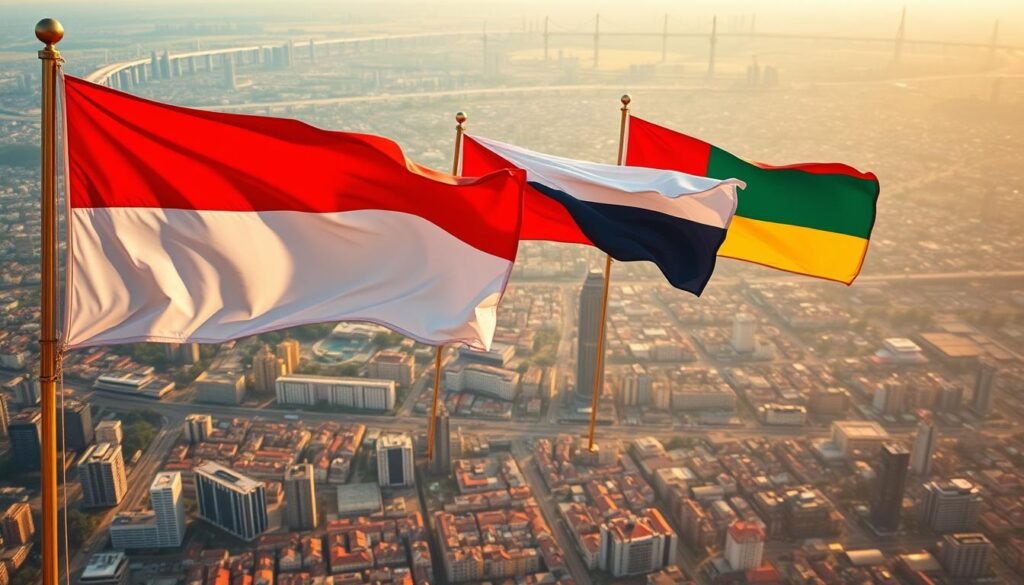 A breathtaking aerial view of the BRICS nations' flags majestically flying in the wind, casting their influence over a sprawling cityscape below. In the foreground, the Indonesian flag stands tall, representing the country's central role within the BRICS alliance. The scene is bathed in warm, golden light, conveying a sense of optimism and prosperity. In the background, skyscrapers and infrastructure projects symbolize the economic prowess and technological advancements driving the BRICS nations forward. A vibrant, dynamic composition that encapsulates the significance of BRICS to Indonesia and the world.