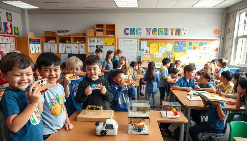 A brightly lit classroom filled with engaged elementary school students, showcasing their creative project-based learning outcomes. In the foreground, a group of children proudly display their handmade models and prototypes, reflecting their newfound skills and innovative thinking. The middle ground captures lively discussions and presentations, as students explain their design process and problem-solving approaches. In the background, the classroom walls are adorned with vibrant posters and displays, highlighting the diverse range of creative projects that have emerged from this skills-based, collaborative learning environment. The overall scene exudes a sense of excitement, discovery, and the joy of learning through hands-on, student-driven exploration.