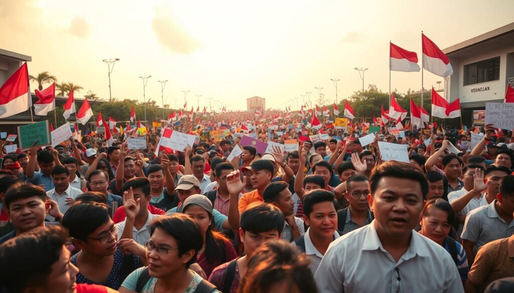 A bustling Indonesian public square, filled with engaged citizens expressing their views on a national event. In the foreground, a diverse crowd of people gesticulating animatedly, their faces conveying a range of emotions - from passionate support to thoughtful contemplation. The middle ground features a sea of colorful protest signs and banners, each carrying a unique message. Overhead, the sky is bathed in a warm, golden light, casting a sense of energy and vibrancy across the scene. The composition captures the dynamic interplay between the individual and the collective, reflecting the pulse of the nation's public discourse.