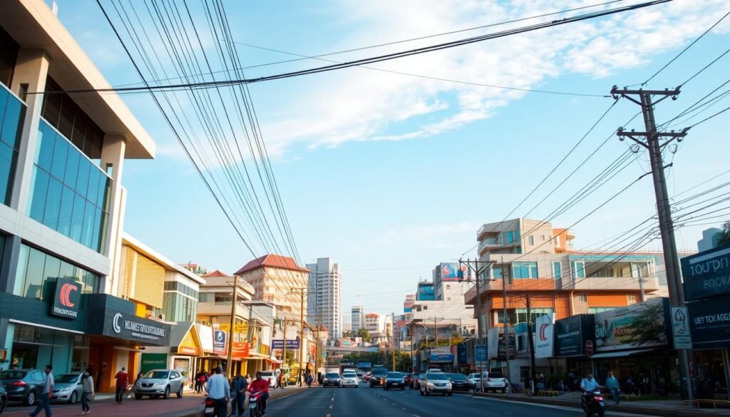 A bustling city scene in Kuantan Singingi, Indonesia, showcasing the region's thriving infrastructure. In the foreground, a well-paved road flanked by modern buildings and shops, with people going about their daily activities. In the middle ground, a network of overhead power lines and telecommunication cables, hinting at the advanced utilities serving the community. The background features a mix of residential and commercial structures, some multi-story, creating a sense of urban development. The lighting is warm and natural, casting long shadows and highlighting the vibrant colors of the buildings. The overall atmosphere conveys a sense of progress and economic growth, reflecting the positive impact of social programs on the local infrastructure.