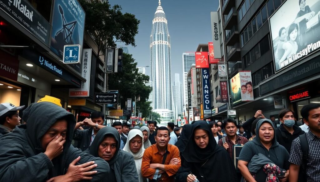 A bustling city street, bustling with people from all walks of life. In the foreground, a group of individuals experiencing homelessness, huddled together, their faces etched with despair. In the middle ground, a family struggling to make ends meet, the strain visible on their faces. In the background, a towering skyscraper, a symbol of wealth and privilege, casting a shadow over the scenes of hardship below. The lighting is stark, highlighting the contrast between the haves and the have-nots. The overall atmosphere is one of tension and unease, capturing the essence of the "Jenis Masalah Sosial" plaguing the community.