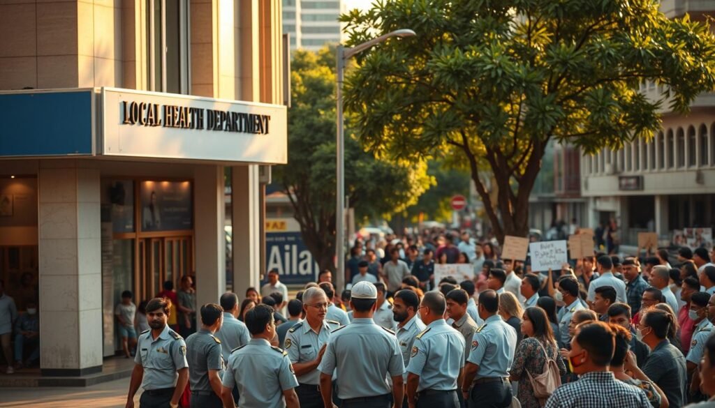 A bustling city street, with the local government health department building prominently featured in the foreground. The building's facade is a mix of modern architecture and traditional elements, conveying a sense of civic pride and public service. In the middle ground, uniformed health workers are gathered, engaged in discussion and coordinating their efforts. The background is filled with a crowd of concerned citizens, some carrying signs or banners, demonstrating their support for the government's response to the health crisis. The scene is illuminated by a warm, golden light, creating a sense of optimism and determination. The overall composition suggests a collaborative, community-driven effort to address the health emergency.