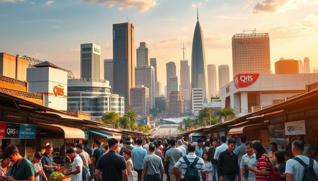 A bustling cityscape showcasing the diverse implementation of QRIS (Quick Response Indonesian Standard) payment systems across various countries. In the foreground, a lively street market with vendors accepting QRIS payments through their mobile devices. In the middle ground, towering skyscrapers and modern shopping malls with QRIS branding prominently displayed. In the background, a panoramic view of the city's skyline, hinting at the global reach and integration of this innovative payment technology. The scene is illuminated by warm, golden-hour lighting, creating a sense of harmony and progress. The composition captures the seamless integration of QRIS within the fabric of urban life, reflecting its growing acceptance and impact across international borders.