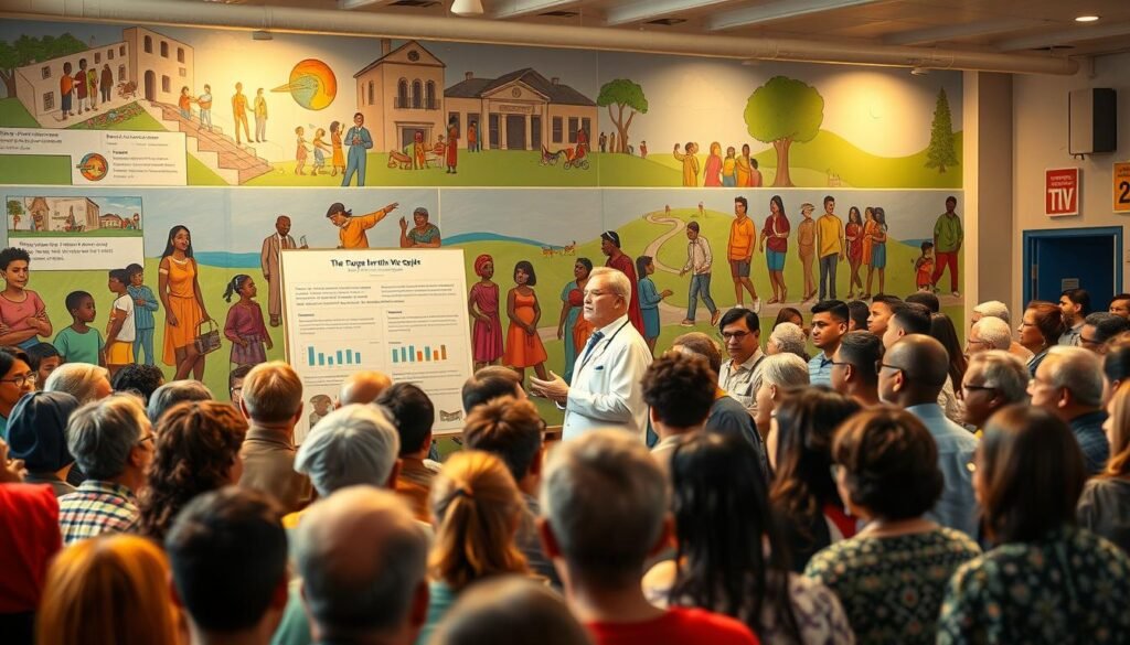 A bustling community center, the foreground filled with people of diverse ages and backgrounds gathering to discuss the importance of booster shots. In the middle ground, a medical professional eloquently explains the science and benefits of the vaccine, gesturing towards an informative display. The background showcases a vibrant mural depicting scenes of public health, community resilience, and a shared commitment to protecting one another. Warm lighting casts a hopeful glow, highlighting the attentive faces of the engaged crowd. The scene conveys a sense of collective awareness, civic responsibility, and a determination to overcome the pandemic through informed, collaborative action.