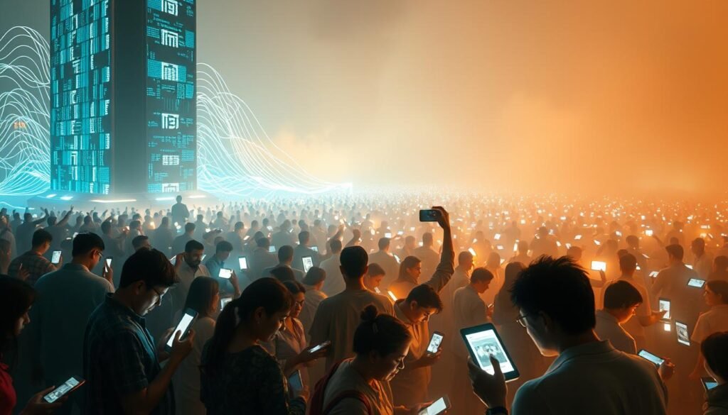 A bustling digital landscape, where information flows like a surging tide. In the foreground, a towering digital monolith, its sleek surfaces reflecting the pulsing data streams that emanate from it. Surrounding it, a diverse array of individuals, their faces illuminated by the glow of smartphones and tablets, their expressions a blend of fascination and contemplation. In the middle ground, a tapestry of digital devices, each one a window into a world of connectivity, entertainment, and knowledge. The background is a hazy, ethereal realm, where the boundaries between the physical and the virtual blur, hinting at the profound impact of digital media on our collective consciousness. The scene is bathed in a warm, ambient light, creating a sense of contemplation and introspection, inviting the viewer to consider the far-reaching influence of digital voices on our society and politics.