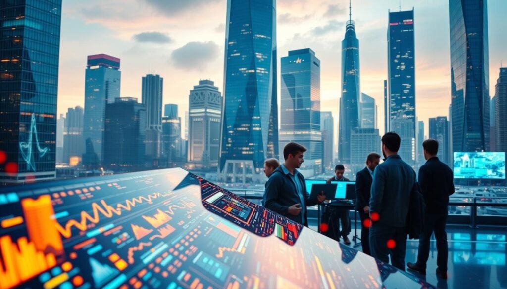 A bustling digital landscape, where innovative technologies converge in a symphony of progress. In the foreground, a sleek, futuristic interface displays a kaleidoscope of data visualizations, reflecting the pulse of a rapidly evolving digital world. In the middle ground, a team of engineers and designers collaborate intently, their faces illuminated by the glow of cutting-edge screens, as they bring forth the next generation of digital solutions. The background is a cityscape of towering skyscrapers, their glass facades reflecting the ever-changing digital landscape, a testament to the relentless march of technological innovation. The scene is bathed in a warm, optimistic glow, conveying a sense of boundless potential and the transformative power of digital transformation.