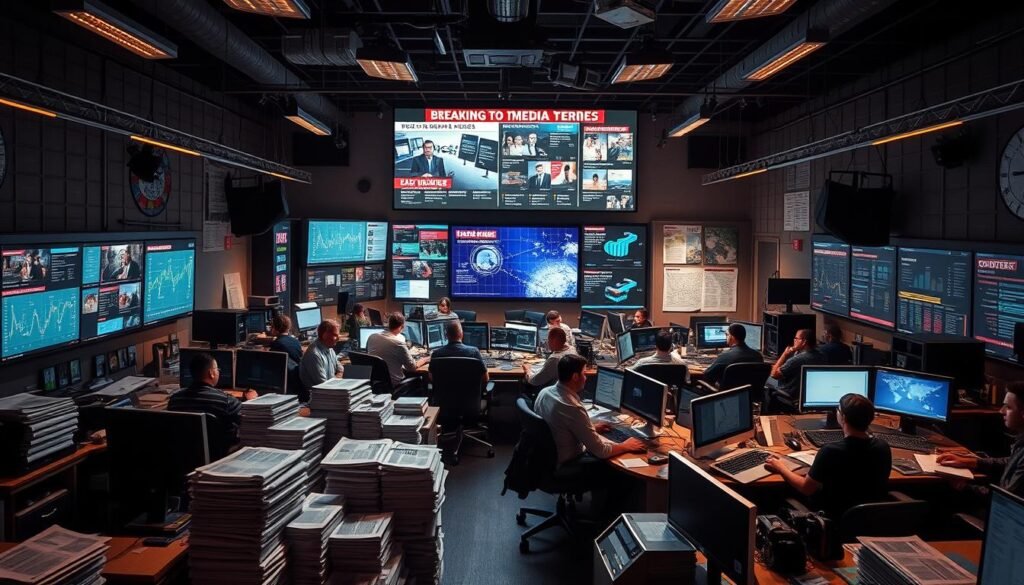 A bustling newsroom, with reporters and editors hard at work, surrounded by stacks of newspapers, computers, and the hum of activity. Overhead, a large screen displays breaking news headlines, while the walls are adorned with vibrant infographics and data visualizations. Bright, directional lighting illuminates the scene, casting dramatic shadows and highlights that convey the urgency and importance of the media's role in the modern information landscape. The atmosphere is one of focused, determined professionalism, as the media team navigates the complexities of the disinformation era, committed to upholding the principles of truth, accountability, and public service.
