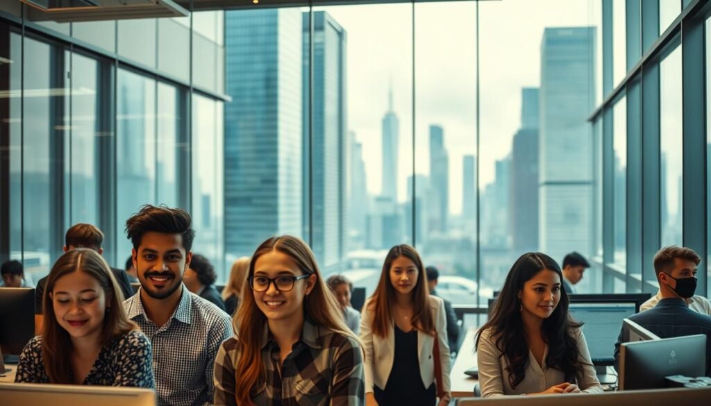 A bustling office scene, captured in a high-resolution, cinematic style. In the foreground, a group of young professionals collaborate at a modern, glass-walled workspace, their faces expressing a sense of determination and opportunity. The middle ground showcases various career paths, with individuals engaged in diverse tasks - from coding at computer stations to presenting in conference rooms. In the background, a skyline of towering skyscrapers suggests the vast potential and dynamism of the urban professional landscape. Warm, directional lighting and a shallow depth of field create a sense of depth and focus, drawing the viewer's attention to the energetic, yet focused, atmosphere of the workplace.
