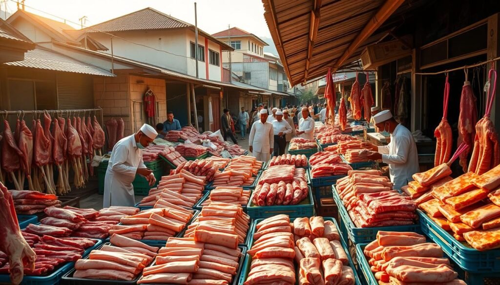 A bustling outdoor market in a Malaysian town, with stalls displaying an abundant array of freshly butchered and neatly arranged Qurban meat cuts. The warm, golden light of the midday sun casts a soft glow, illuminating the vibrant colors and textures of the meats. In the foreground, vendors in traditional attire skillfully package the selections for eager customers. In the middle ground, shoppers weave through the lively crowd, examining the offerings. The background features the distinctive architecture of nearby buildings, creating a sense of place. The overall scene conveys a harmonious community gathering, where local traditions and commerce intertwine.