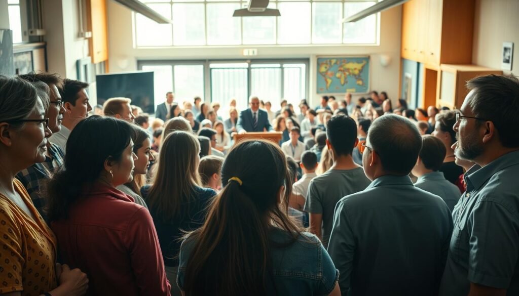 A bustling scene of diverse reactions to the new education policy, captured in a dynamic, cinéma vérité-style composition. In the foreground, a group of concerned parents engaged in animated discussion, their facial expressions ranging from worry to cautious optimism. In the middle ground, a cluster of teachers and administrators, some nodding thoughtfully, others gesticulating emphatically, debating the implications of the policy. In the background, a crowd of students - some enthusiastic, others apprehensive - gathering around a central podium, where a government official stands, delivering a speech with a mixture of authority and diplomacy. Natural lighting filters through the windows, casting a warm, contemplative glow over the scene, conveying a sense of thoughtful deliberation and the weight of the decision at hand.