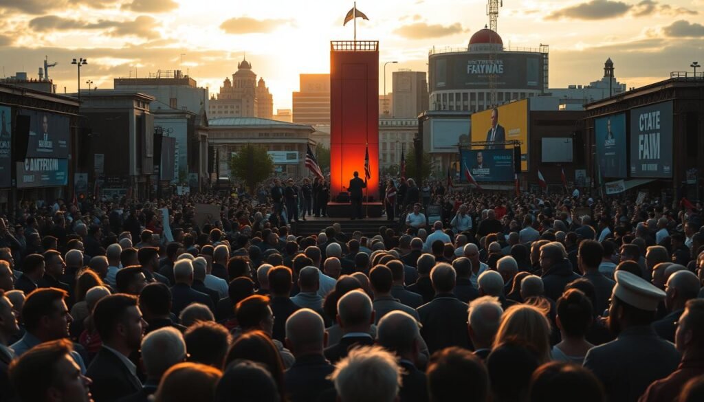 A bustling town square, the focal point of a public discourse. In the foreground, a crowd gathers, expressions intense, gestures animated as they engage in heated debate. The middle ground reveals a towering podium, a stage for influential speakers to sway the masses. Backlit by the warm glow of the setting sun, their words echo through the space, shaping public opinion. In the background, a tapestry of buildings and billboards, a testament to the power of media in crafting narratives that capture the public's imagination. Dramatic shadows and carefully composed lighting create a sense of dramatic tension, underscoring the gravity of the moment. This scene reflects the complex interplay between media, conflict, and the shaping of public discourse.