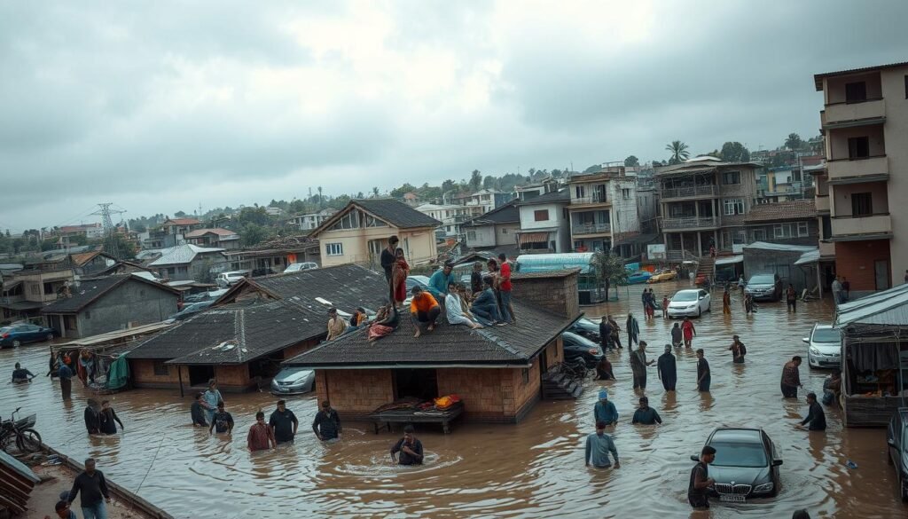 A bustling urban landscape, streets inundated with floodwaters as people wade through the submerged roads. Families huddled on rooftops, seeking refuge from the rising waters, their faces etched with worry and uncertainty. In the background, damaged homes and businesses, their facades weathered by the relentless deluge. Debris and abandoned vehicles litter the scene, a testament to the disruptive force of the flood. The sky is overcast, casting a gloomy, muted tone over the entire tableau, conveying the somber mood of the disaster. Bright, realistic lighting illuminates the chaotic yet poignant moment, capturing the human toll and the societal impact of the devastating flood.