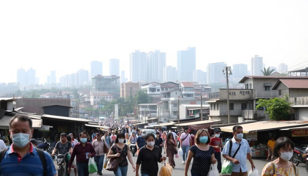 A bustling urban scene of an Indonesian city during the COVID-19 pandemic. In the foreground, people wearing masks navigate busy streets, maintaining social distancing and carrying grocery bags. The middle ground features a mix of open-air markets, small businesses, and residential buildings, all adapting to the new normal. In the background, looming skyscrapers and a hazy sky convey a sense of uncertainty. Diffused natural lighting casts a soft, melancholic tone over the scene, capturing the resilience and adaptability of the community in the face of this global health crisis.