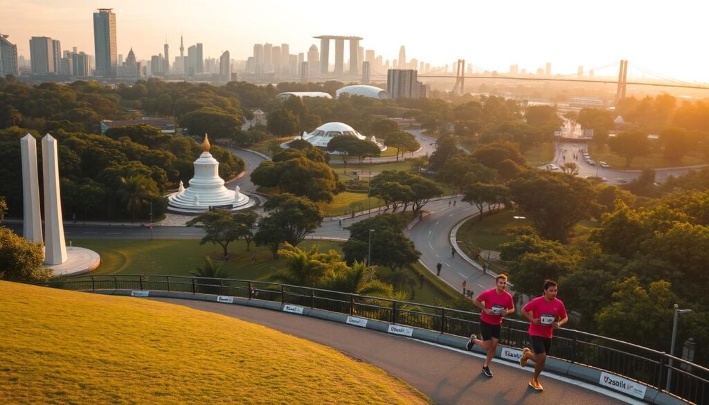 A busy cityscape in Jakarta, Indonesia, with runners navigating a winding, scenic route. In the foreground, sleek, athletic runners dressed in vibrant sportswear dash past iconic landmarks like the National Monument. The middle ground features lush, verdant parks and tree-lined streets, creating a sense of urban harmony. In the background, the silhouettes of towering skyscrapers and bridges stretch across the horizon, bathed in warm, golden afternoon light. The scene conveys a spirit of energy, determination, and the city's commitment to a healthy, active lifestyle.