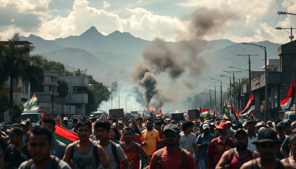 A busy cityscape in Papua, Indonesia, with a sense of unrest and conflict. In the foreground, protesters march through the streets, their faces determined and their banners raised. The middle ground reveals clashes between security forces and civilians, smoke billowing from burning barricades. In the background, the towering mountains of the region loom, a reminder of the rugged and isolated nature of this conflict. The scene is captured with a cinematic, wide-angle lens, bathed in a harsh, contrasty light that adds to the sense of tension and drama. The overall mood is one of turbulence and unease, reflecting the complex and ongoing struggles in this part of the country.