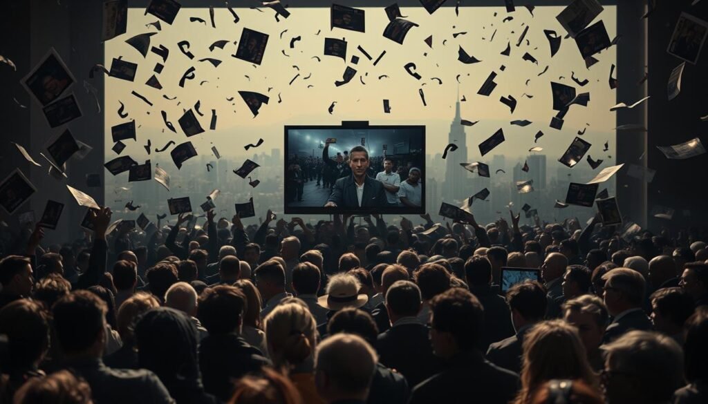 A chaotic scene unfolds, with news headlines and social media posts cascading across the frame. In the foreground, a crowd of people engage in heated debates, their expressions a mix of concern and anger. The middle ground features a large television screen, its flickering images reflecting the turmoil. In the background, a hazy cityscape fades, the buildings obscured by a veil of uncertainty. Dramatic lighting casts long shadows, amplifying the sense of unease. This cinematic composition captures the profound impact of conflict-driven media on the social fabric, a stark reminder of the fragility of community in the digital age.