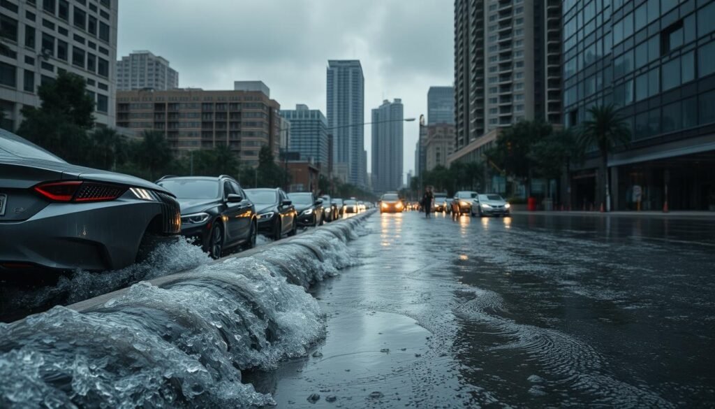 A city street flooded with heavy rainfall, the drains unable to keep up. In the foreground, water gushes along the curb, spilling over onto the sidewalk. Parked cars partially submerged, their headlights casting a wavering reflection on the surface. Towering office buildings and apartment complexes loom in the background, their windows obscured by the heavy downpour. The sky is a gloomy shade of gray, storm clouds pregnant with more precipitation. Pedestrians struggle to navigate the flooded terrain, their feet sloshing through the accumulated water. The overall atmosphere is one of urban disarray, a scene of infrastructure struggling to cope with the intensity of the rainfall.