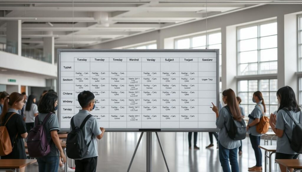 A classically-composed scene depicting a school scheduling system in Indonesia. In the foreground, a neatly organized whiteboard or digital display shows a detailed weekly timetable, with class periods, subject names, and teacher names clearly laid out. In the middle ground, a group of students and teachers discuss the schedule, gesturing towards the board. The background features the interior of a modern school building, with large windows, natural lighting, and the hustle and bustle of a busy academic environment. The overall mood is one of structure, organization, and collaborative planning, reflecting the common scheduling methods used in Indonesian schools.