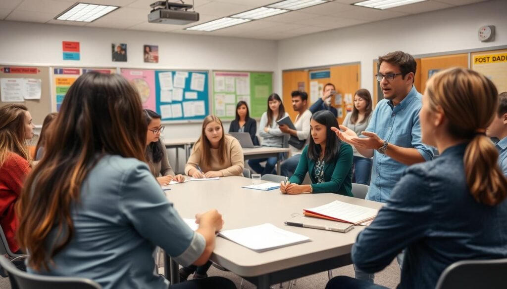 A classroom setting, with a group of teachers engaged in a professional development session. The foreground features a confident, experienced teacher leading the discussion, gesturing animatedly and making eye contact with the attentive audience. The middle ground showcases teachers of varying ages and backgrounds, actively participating, taking notes, and exchanging ideas. The background depicts a well-equipped, modern classroom with ample natural lighting, educational posters, and a sense of collaborative energy. The overall atmosphere conveys a commitment to continuous learning, knowledge-sharing, and the collective effort to enhance the quality of education.