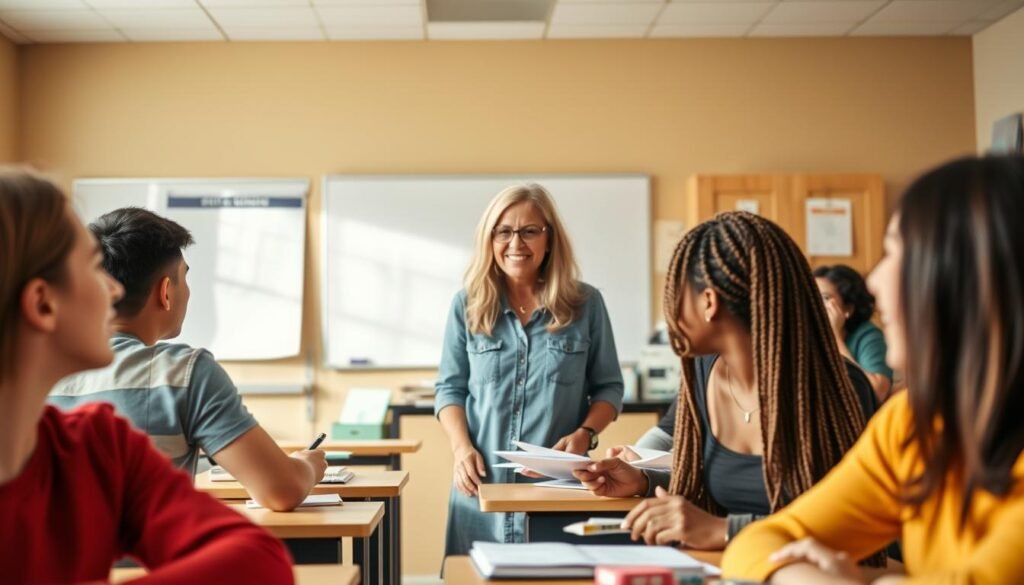A classroom setting with a warm, inviting atmosphere. In the foreground, a diverse group of students, some young adults, others a bit older, engaged in lively discussions and collaborative learning. The middle ground features a caring, experienced teacher guiding the students, encouraging them with a nurturing demeanor. The background showcases educational resources, like whiteboards, study materials, and a sense of progress and opportunity. The lighting is soft and natural, creating a sense of hope and inspiration. Captured with a wide-angle lens to convey the inclusive and supportive environment.