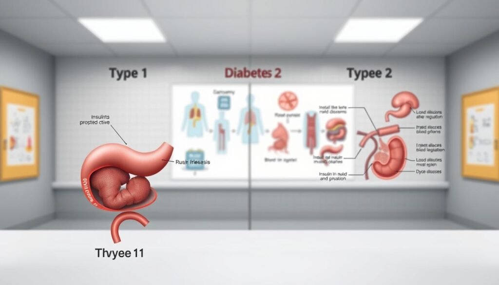 A clinical illustration contrasting the key characteristics of type 1 and type 2 diabetes. In the foreground, a detailed anatomical diagram depicts the pancreas, highlighting the differences in insulin production and regulation between the two conditions. The middle ground showcases visual representations of the affected organs and physiological changes, such as the impact on blood glucose levels. The background features a serene, clinical setting with subtle grid patterns and muted colors to convey a sense of medical professionalism. Crisp lighting and a shallow depth of field draw the viewer's attention to the central comparative elements. The overall mood is one of scientific precision and educational clarity.