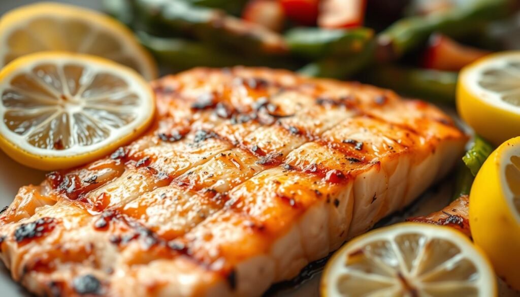 A close-up image of a plate of grilled fatty fish, such as salmon or mackerel, garnished with fresh lemon slices and served alongside a side of steamed vegetables. The fish should have a glistening, golden-brown sear on the surface, indicating a well-cooked, flavorful dish. The lighting should be soft and natural, creating a warm, appetizing atmosphere. The focus should be on the fish, emphasizing its rich, omega-3-packed texture and the overall health benefits it provides for the heart and cardiovascular system.