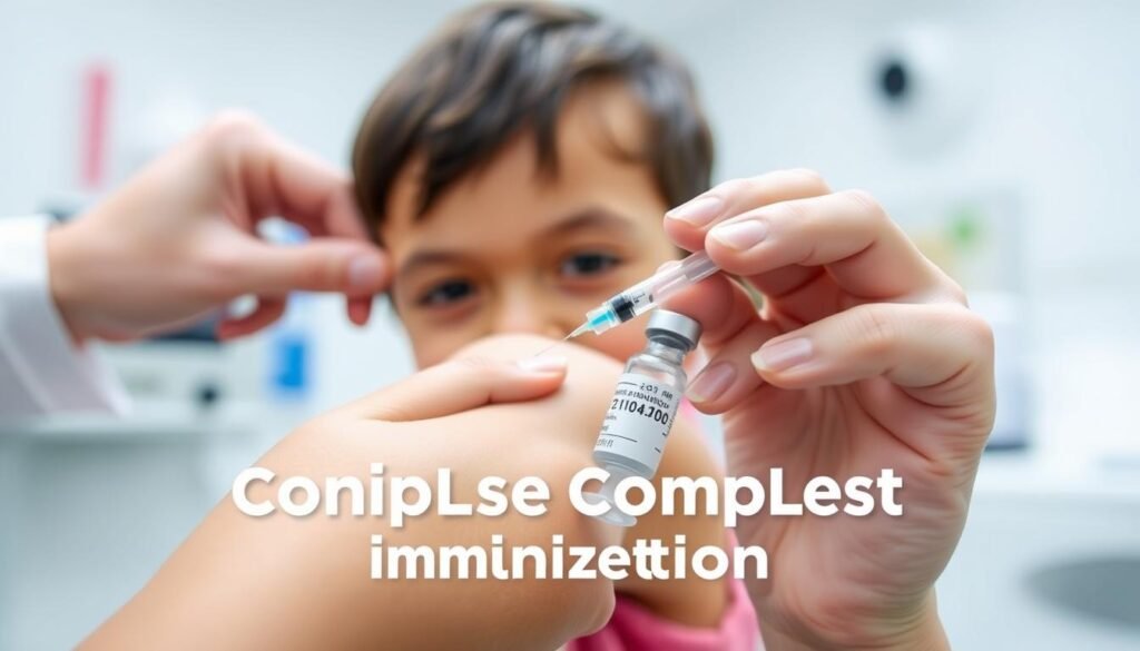 A close-up shot of a child's arm receiving an injection from a healthcare professional's hand, with a syringe and vial of vaccine in the foreground. The child's face is not visible, but their expression conveys a slight discomfort. The background is a clean, sterile medical setting, with subtle hints of medical equipment and supplies. The lighting is bright and directional, creating a sense of clinical precision. The overall composition emphasizes the act of vaccination, conveying the importance of complete childhood immunization.