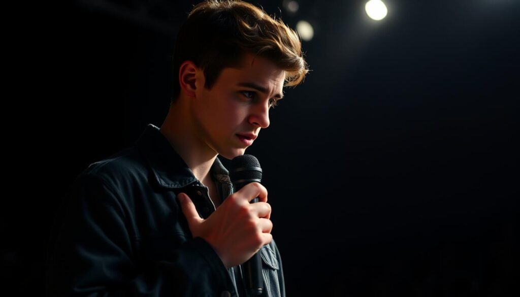 A close-up shot of a young man standing on a stage, nervously adjusting his clothes and holding a microphone. The stage is dimly lit, with a shadowy audience visible in the background. The man's face is filled with a mix of determination and anxiety, capturing the experience of an audition. The image has a gritty, cinematic quality, with muted colors and a sense of tension and anticipation. The lighting casts dramatic shadows, emphasizing the drama and intensity of the moment.