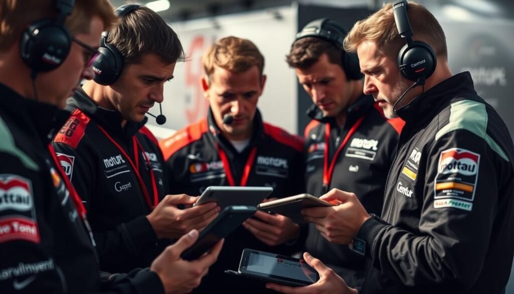 A close-up shot of the MotoGP team members in the paddock, captured after a practice session. The mechanics, engineers, and team managers gather around, discussing data and strategy on their tablets and laptops. Tension and anticipation fill the air as they analyze the performance of their riders. Soft, directional lighting casts shadows and highlights the focus on their faces, creating a sense of intensity and determination. The background is slightly blurred, keeping the attention on the team's dynamic interaction and the preparations for the upcoming race.