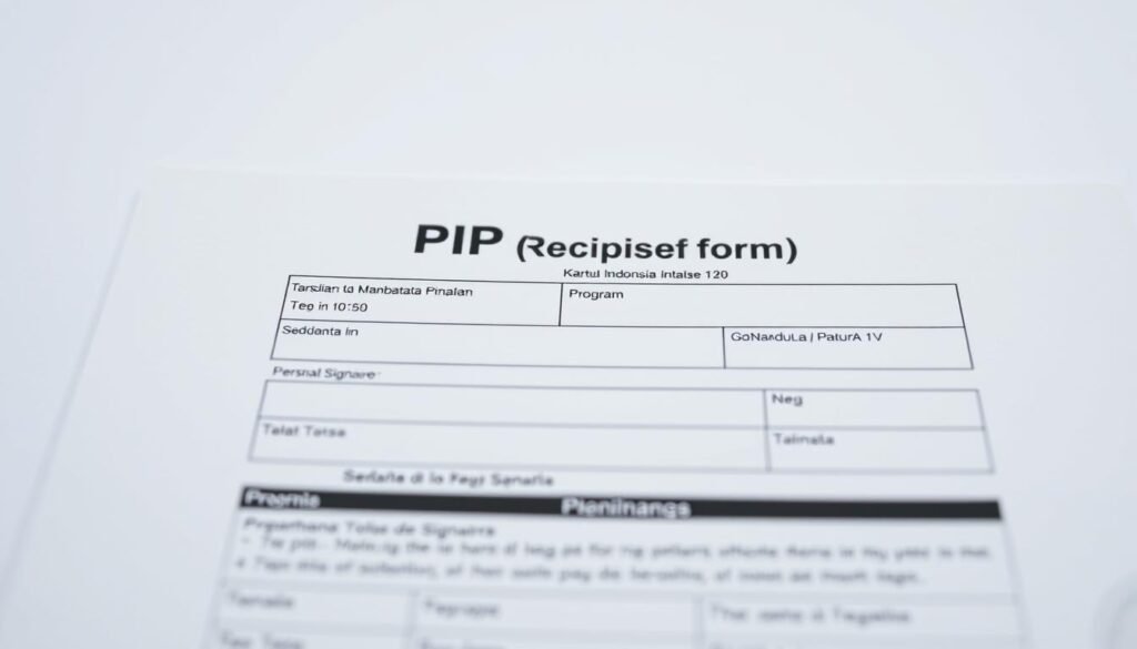 A close-up view of a PIP (Kartu Indonesia Pintar) recipient form, showcased against a clean, minimalistic background. The form features crisp, legible text and a well-organized layout, with clearly defined sections for personal details, program information, and official signatures. The lighting is soft and diffused, creating a professional and authoritative atmosphere. The camera angle is slightly elevated, giving the viewer a sense of importance and attention to detail. The overall composition conveys a sense of efficiency, transparency, and the government's commitment to the PIP program.