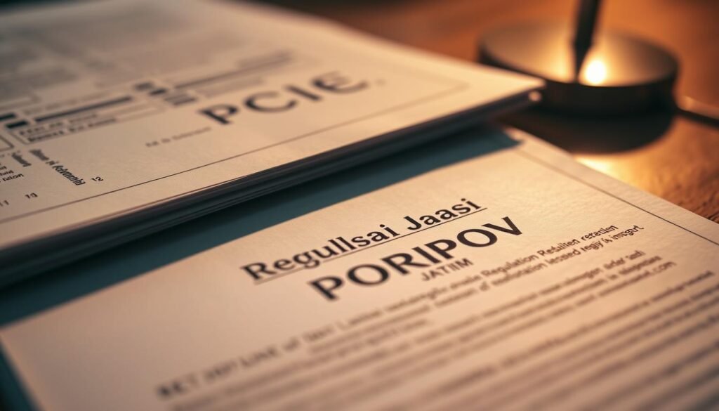 A close-up view of a stack of official-looking documents and regulations, with a prominent title "Regulasi Porprov Jatim" visible. The papers are neatly arranged on a wooden desk, casting soft shadows under a warm, directional lighting. The depth of field is shallow, gently blurring the background to focus attention on the regulations. The overall tone is one of authority, organization, and attention to detail, reflecting the importance of the regulations governing the Porprov (East Java Provincial Sports Week) event.