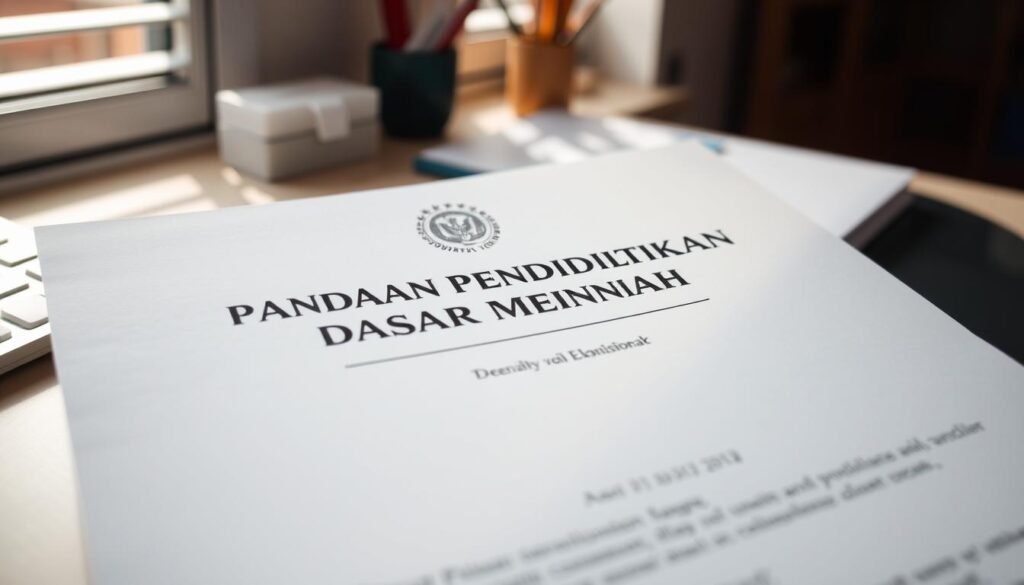 A close-up view of an official government document titled "Panduan Pendidikan Dasar Menengah" with a professional, formal design. The document is displayed on a clean, minimalist desk with subtle office supplies in the background. Warm, natural lighting from a nearby window creates soft shadows and highlights the tactile quality of the paper. The overall mood is one of authoritative, reliable information from a trusted educational institution.