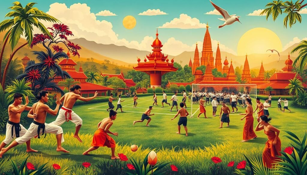 A colorful, vibrant scene depicting a variety of traditional Indonesian sports and activities. In the foreground, athletes engage in martial arts, silat, and other hand-to-hand combat forms, their movements fluid and graceful. In the middle ground, groups of people play traditional games like egrang (stilt walking), sepak takraw (kick volleyball), and congklak (mancala-like board game). The background features scenic landscapes, lush tropical foliage, and cultural landmarks like temples and palaces, bathed in warm, golden light. The overall atmosphere is one of cultural heritage, community, and the enduring spirit of Indonesia's rich traditional sports and pastimes.
