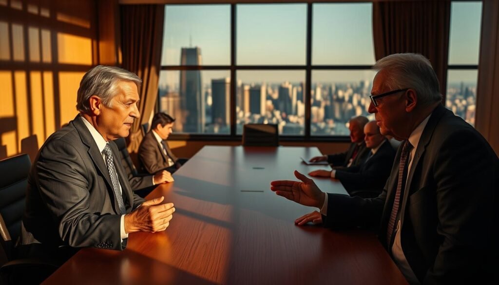 A conference room with government officials engaged in a heated discussion, captured in a cinematic style. In the foreground, two senior policymakers gesture animatedly, their faces etched with concern. The middle ground features a rectangular table surrounded by leather chairs, casting long shadows in the warm, golden lighting. In the background, a large window overlooks a cityscape, suggesting the gravity of the decisions being made. The atmosphere is one of serious deliberation, with an underlying tension palpable in the scene.