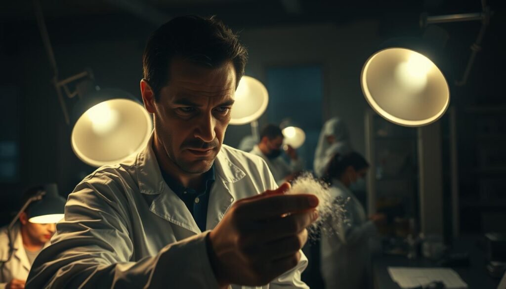 A crime scene investigation unfolding, with a team of detectives carefully examining evidence and collecting clues. Forensic analysts in white coveralls scour the room, meticulously documenting every detail. Bright task lamps illuminate the space, casting long shadows and creating a sense of intensity. In the foreground, a detective carefully dusts for fingerprints, brow furrowed in concentration. The background is dimly lit, hinting at the seriousness of the case. The overall mood is somber, yet determined, as the investigators work tirelessly to uncover the truth.