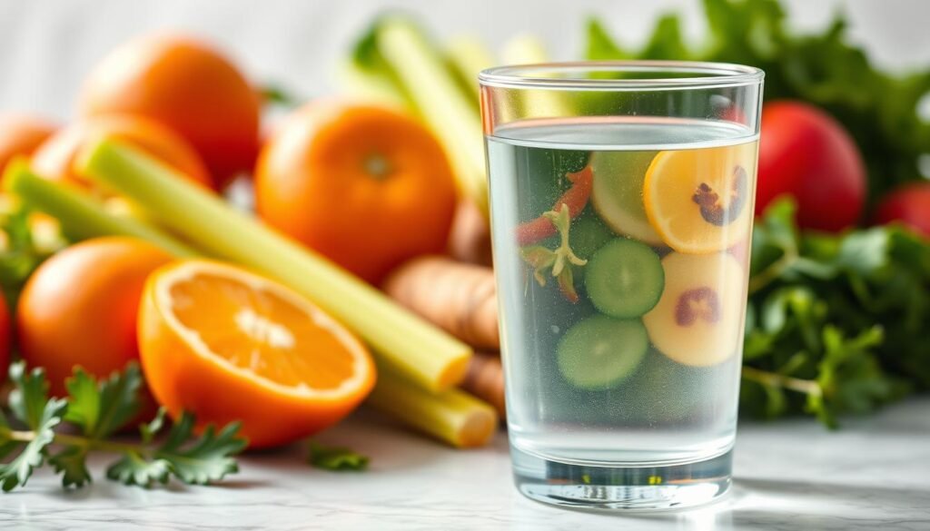 A crisp, clear glass of pure, refreshing water stands prominently in the foreground, its transparency and gentle reflections catching the soft, diffused lighting of the scene. In the middle ground, a carefully arranged array of fresh, vibrant fruits and vegetables - juicy oranges, crisp celery stalks, and leafy greens - hint at the nourishing role water plays in a balanced, healthy diet. The background gently fades into a serene, calming atmosphere, evoking a sense of tranquility and wellness. The overall composition conveys the essential nature of hydration for effective, sustainable weight management.