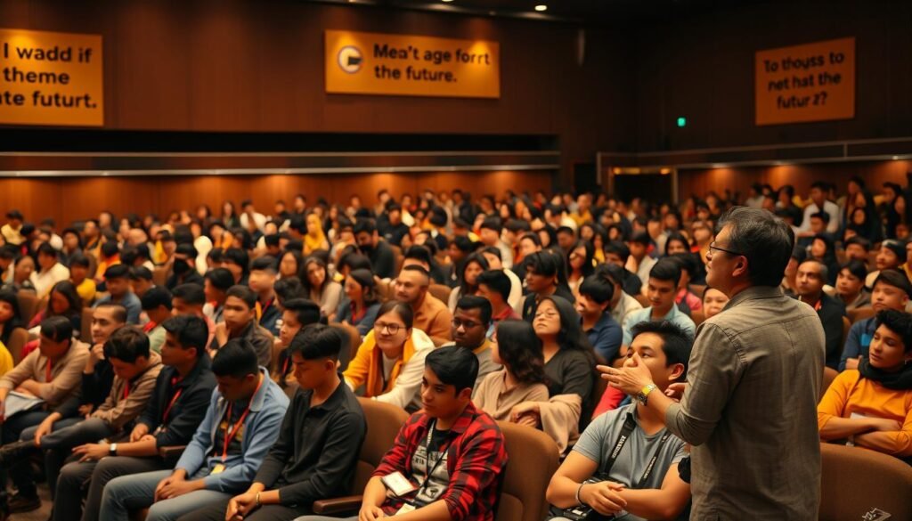 A crowded auditorium filled with a diverse group of young people, representing Generation Z, sitting attentively as they engage in a dynamic kaderisasi (cadre development) session. The scene is bathed in warm, focused lighting, creating a sense of energy and purpose. In the foreground, a speaker stands at a lectern, gesturing passionately as they share their vision for the future. The middle ground features groups of students actively discussing and collaborating, their faces lit with enthusiasm. In the background, the room is adorned with motivational banners and a sense of unity and shared purpose pervades the atmosphere. The overall impression is one of a proactive, forward-thinking initiative aimed at empowering and mobilizing the next generation of leaders.