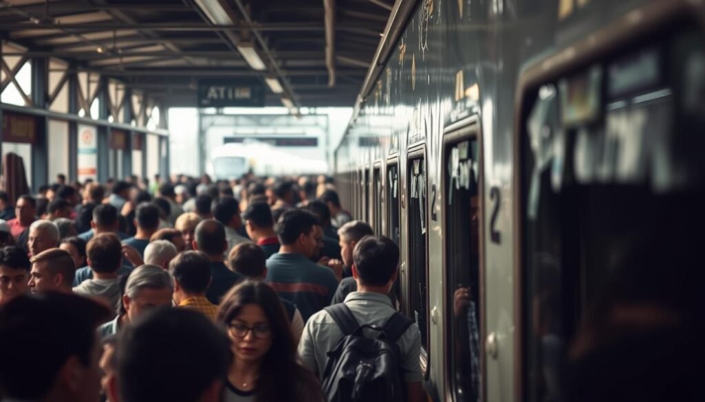 A crowded commuter train station during rush hour, with passengers hurriedly boarding and disembarking. The platform is bustling with activity, with commuters rushing to catch their trains. The train's windows are visibly damaged, with cracks and chips in the glass, hinting at the impact of a recent incident. The mood is one of disruption and inconvenience, as the operational impact of the damaged train is felt by the commuters. Diffused natural light filters through the station's windows, casting a soft, muted glow over the scene. The camera angle is slightly elevated, capturing the sense of chaos and motion below.