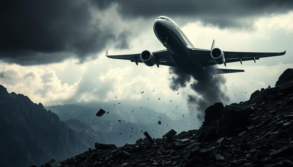 A dark and ominous scene unfolds, as a majestic passenger aircraft plunges toward the earth, its fuselage billowing with thick, acrid smoke. The cockpit is obscured, the pilots seemingly unable to regain control. In the foreground, debris and shattered fragments scatter across a rugged, mountainous terrain, creating a harrowing tableau of the tragic accident. The sky is heavy with storm clouds, casting an eerie, foreboding light over the entire scene. The viewer is left with a sense of impending disaster, as the once-proud aircraft hurtles toward its inevitable, catastrophic end.