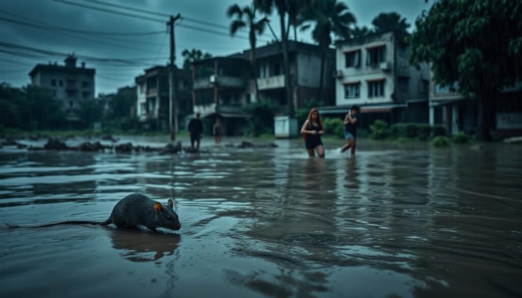 A dark, gloomy rainy day in a flooded urban setting. In the foreground, a close-up view of a rat scurrying through the muddy waters, representing a key vector for leptospirosis transmission. In the middle ground, people wading through the knee-deep flood, unaware of the hidden dangers. In the background, abandoned buildings and overgrown vegetation, creating an ominous atmosphere. The lighting is dramatic, with moody shadows and subtle highlights, conveying a sense of unease and the unseen risks of the leptospirosis outbreak during the rainy season.
