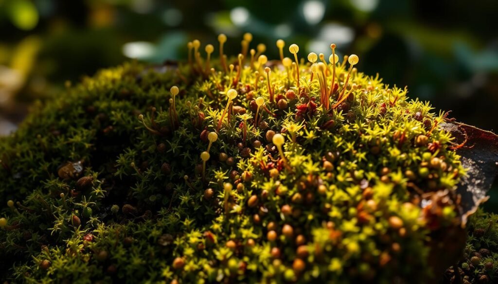 A dense, lush carpet of diverse moss species covering the surface of a decaying leaf, showcasing the intricate process of bryophyte propagation. Delicate sporophytes with slender capsules emerge from the verdant foliage, dispersing spores to facilitate the continuous regeneration of this captivating miniature ecosystem. Dappled sunlight filters through the canopy, casting a warm, ethereal glow over the scene, highlighting the intricate textures and vibrant hues of the moss colonies. Captured with a macro lens, the image offers a mesmerizing window into the hidden world of bryophyte reproduction, a testament to the resilience and adaptability of these ancient plant forms.