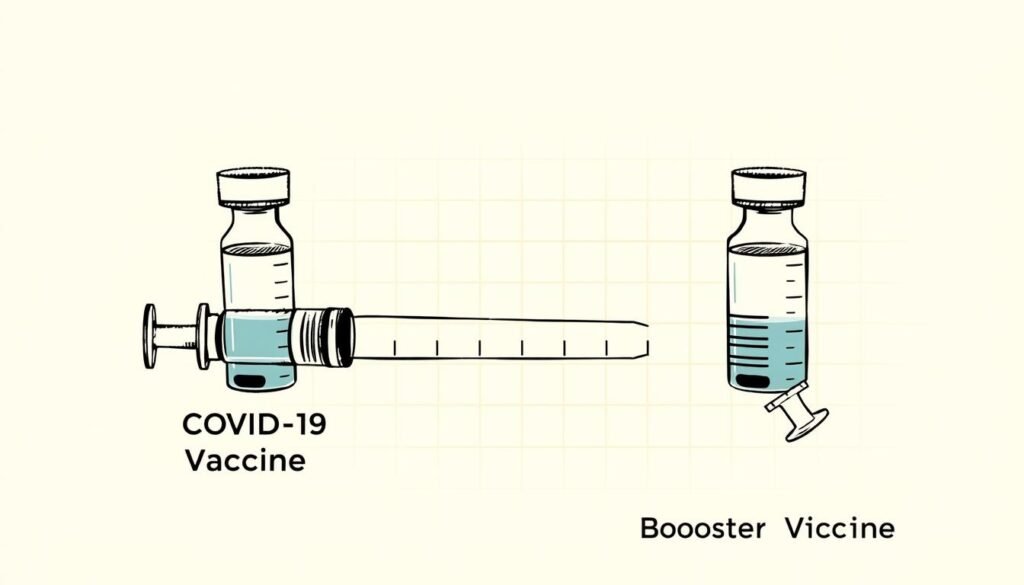 A detailed comparison of the initial COVID-19 vaccine and the booster shot, presented in a clean, scientific illustration. The image shows two syringes side-by-side, one labeled "Initial Vaccine" and the other "Booster Vaccine". The syringes are drawn with precision, highlighting their distinctive features and contents. The background is a soft, neutral tone, allowing the syringes to take center stage. Subtle grid lines or a graph-paper-like pattern in the background provide a sense of structure and analysis. The overall mood is informative and objective, conveying the essential differences between the two vaccine formulations in a visually compelling manner.