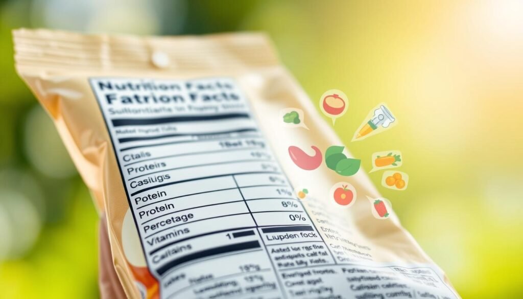 A detailed infographic showcasing the key elements of food nutrition labels. In the foreground, a close-up view of a food package, its label highlighted in crisp, clear detail. The label displays macronutrient information, ingredient lists, and percentage daily values, all presented in a clean, easy-to-read layout. In the middle ground, small illustrations of individual nutrients like protein, carbohydrates, and vitamins surround the label, emphasizing their importance. The background features a soft, blurred gradient in soothing shades of green and blue, creating a calm, educational atmosphere. Bright, natural lighting illuminates the scene, giving the image a refreshing, informative tone.