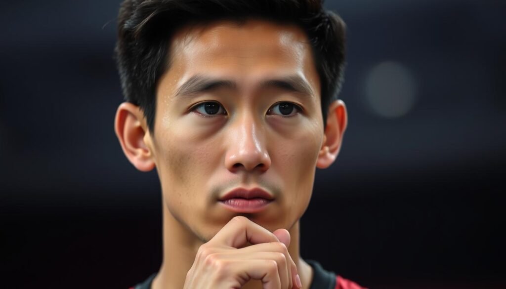 A detailed portrait of badminton player Jonatan Christie, captured in a thoughtful, contemplative pose. The subject is framed in a medium close-up, with soft, directional lighting highlighting the contours of his face and the intensity in his eyes. The background is gently blurred, creating a sense of depth and focus on the player. The composition is carefully balanced, with the subject positioned slightly off-center to create visual interest. The overall tone is one of quiet confidence and determination, befitting the player's reputation and the importance of the Sudirman Cup competition.