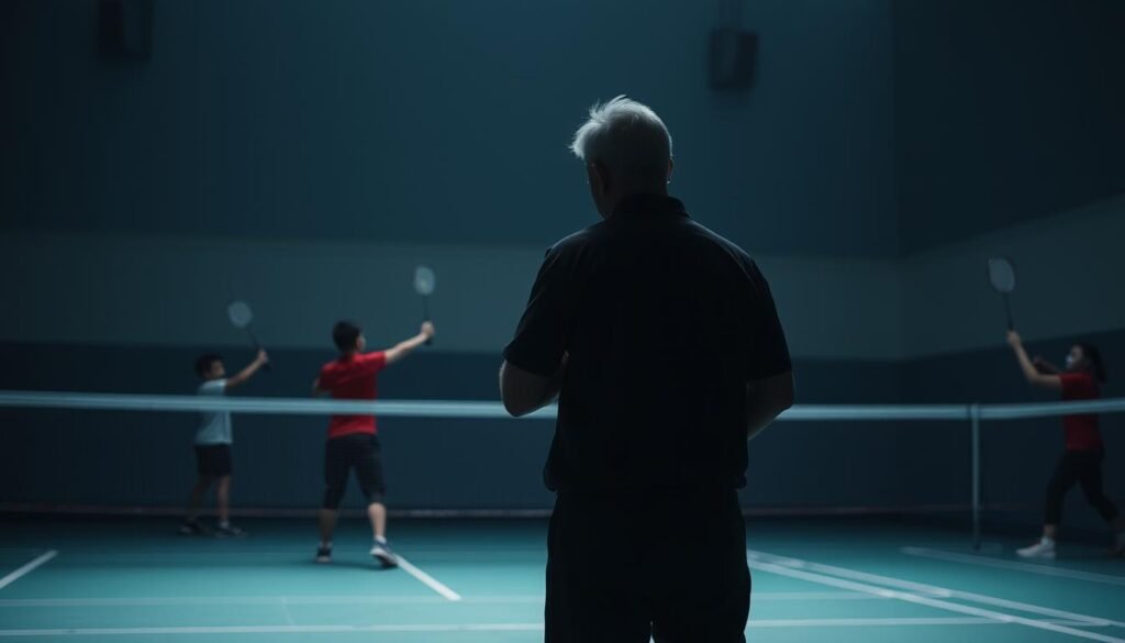 A dimly lit badminton court, with a coach standing in the center, deeply engaged in conversation with a player. The coach's face is obscured, their body language conveying intense focus and strategic thought. In the background, a team of players practice their swings, their movements precise and coordinated. The lighting is soft, creating a sense of contemplation and concentration. The court's lines and boundaries frame the scene, emphasizing the tactical nature of the sport. The image captures the essence of a badminton coach's strategic approach, guiding their players to success.