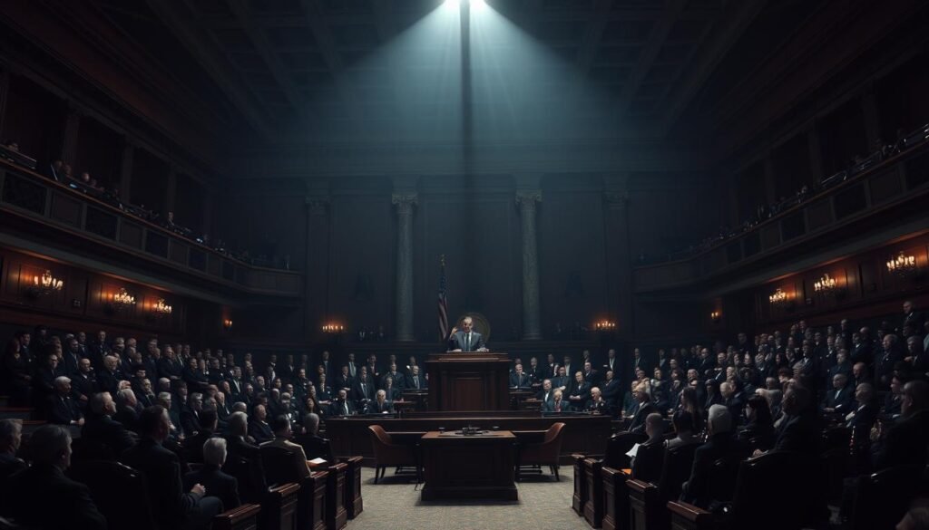 A dimly lit congressional chamber, the air thick with tension. In the center, a lectern stands as the focal point, illuminated by a single spotlight. Senators and representatives sit in tiered rows, their faces etched with solemnity. A hush falls over the room as the impeachment proceedings begin, the gravity of the moment palpable. The scene conveys the solemn and weighty nature of the presidential impeachment process, a crucial check on executive power in a functioning democracy.
