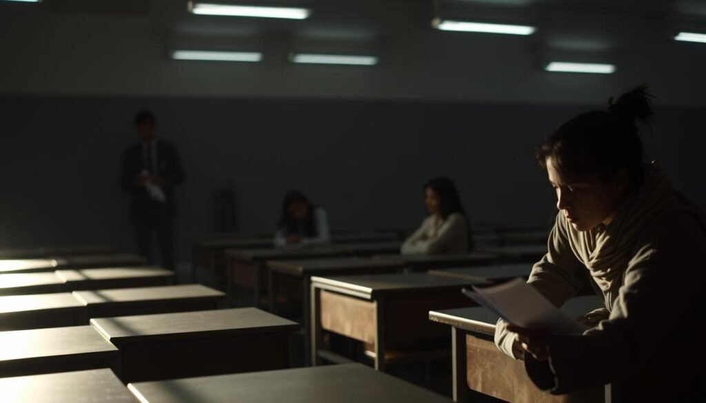 A dimly lit examination hall, desks neatly arranged, an invigilator vigilantly monitoring. In the foreground, a student surreptitiously passing notes to a neighbor, their expressions tense with the weight of their actions. Shadows cast by the flickering fluorescent lights create a sense of unease, as if the very walls bear witness to the breach of trust. The background fades into a hazy blur, the focus solely on the central scene of academic dishonesty, a stark contrast to the solemnity of the national examination. The image conveys the gravity of the situation, a cautionary tale of the consequences of compromising the integrity of a critical educational milestone.
